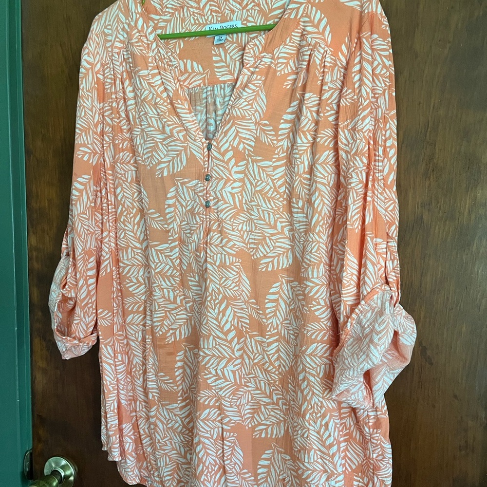 Kim Rogers Orange and White Leaf Print Blouse